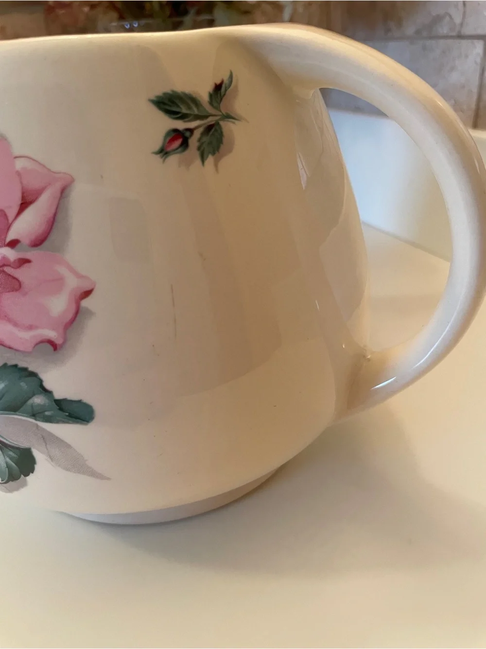 Vintage Household Institute Cream Ceramic Pitcher with Pink Rose Floral Design